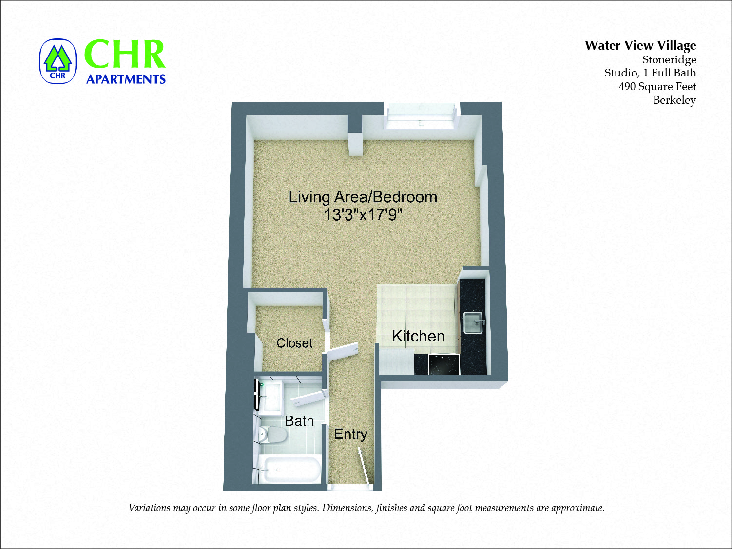 Floor plan for studio, 1 bath, 550 sqft